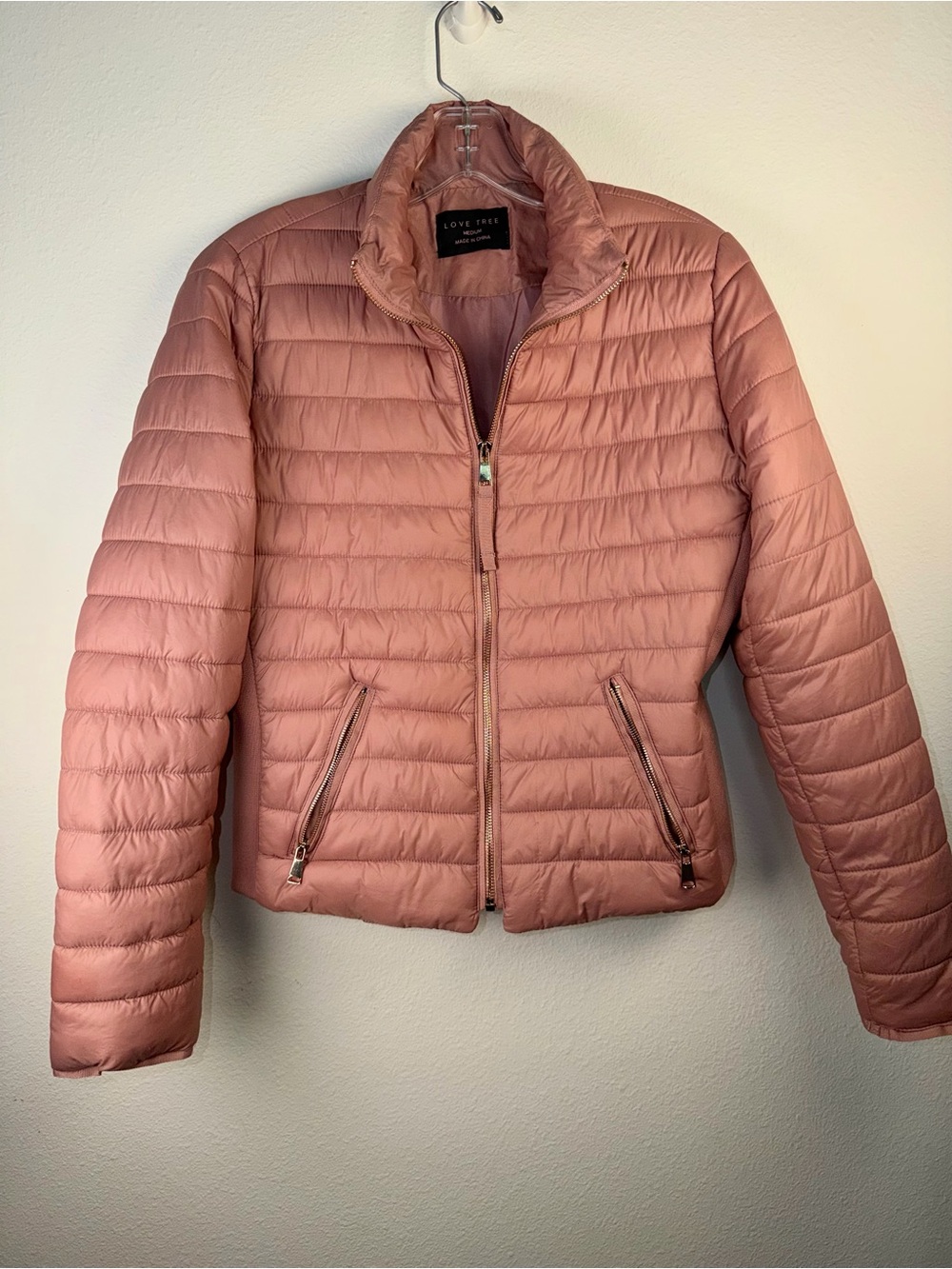 Blush Pink Quilted Puffer Jacket Fitted Stretch Panels Gold Zip Size M